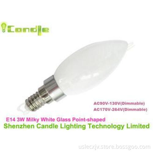 Milky White Glass 3 Watt E14 Led Candle Light Bulb For Home